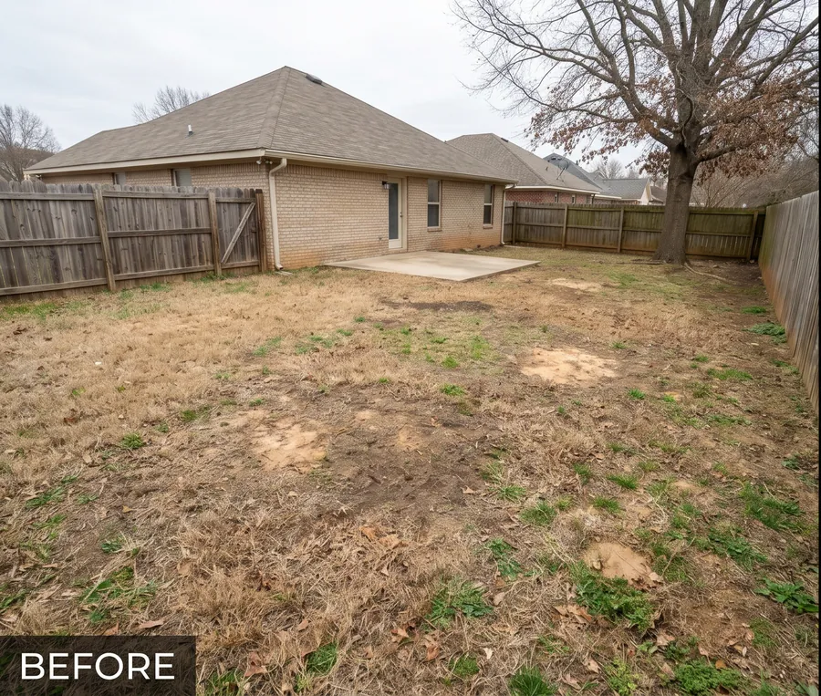 Before: patchy dead grass backyard