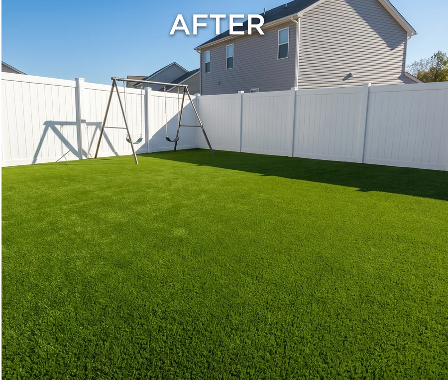 After: front yard with artificial turf around oak tree